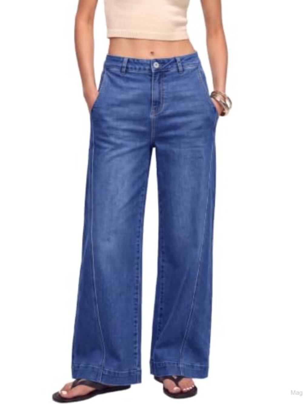 Wide Leg High Waisted Stretchy Loose Fit Denim Pants Cotton Blend